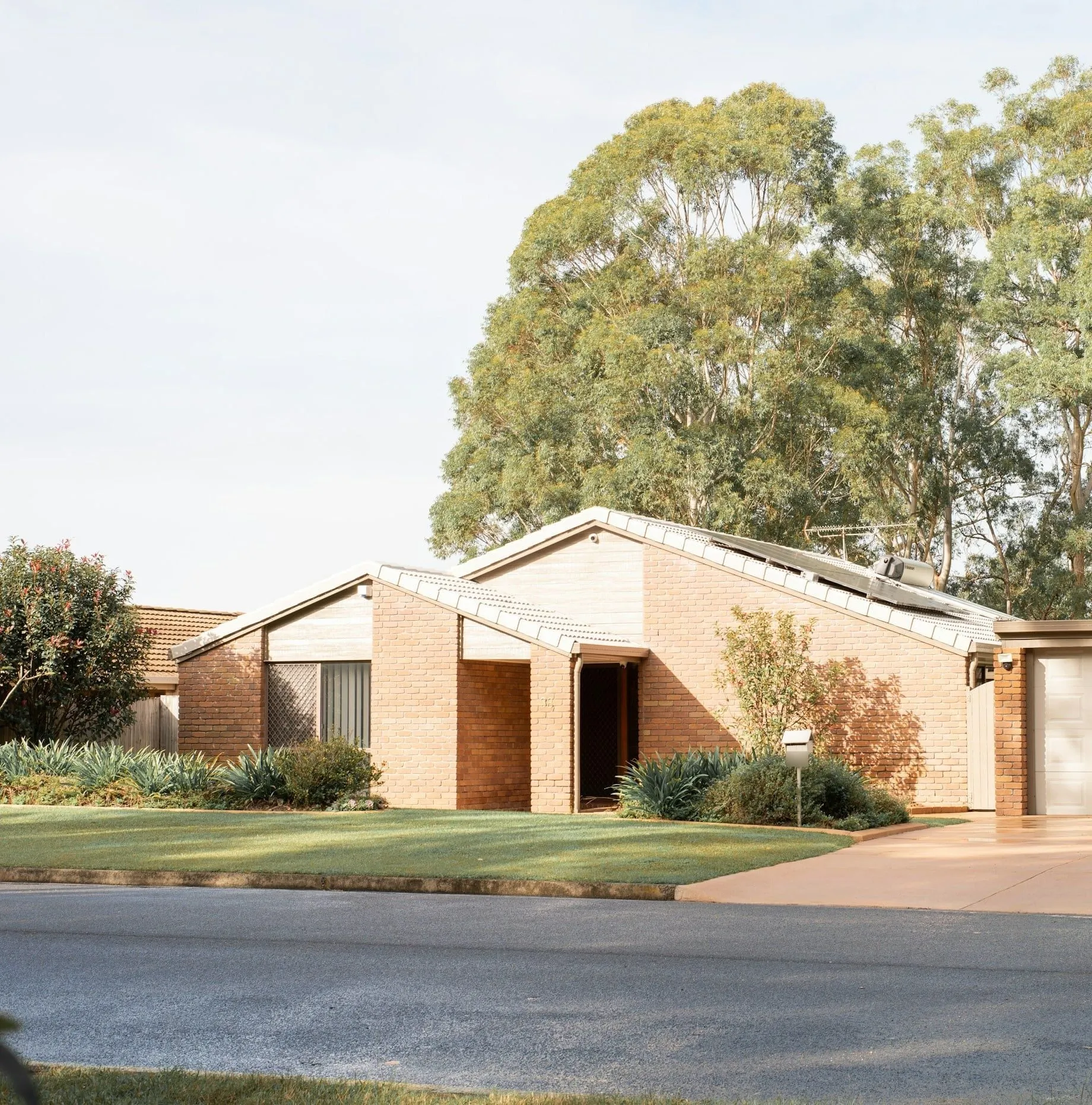 Ordinary brick house on a suburban street lined with gum trees
